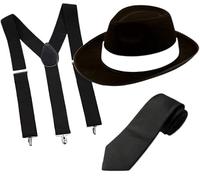 ANZEE Adult Peaky Blinder Style Fancy Dress Gangster Costume Outfit Gangster Black Hat, Braces, Tie Perfect for Dress Up and Pretend Play Accessory