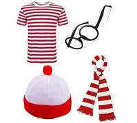 ANZEE Adults Explorer Costume Find Me if You Can Unisex Red/White Stripe TShirt Hat Glasses OTK Leg Warmer Scarf for Book Week Set (Pack of 4 T-Shirts + Hat + Glasses + Scarf, L)