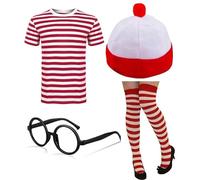 ANZEE Adults Explorer Costume Find Me if You Can Unisex Red/White Stripe TShirt Hat Glasses OTK Leg Warmer Scarf for Book Week Set (Pack of 4 T-Shirts + Hat + Glasses + OTK Red/White, S)