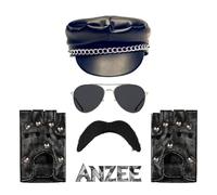 ANZEE® Biker Accessory Featuring Leather Chain Cap Gold & Silver Aviator Sunglasses Black Fingerless Gloves & Realistic Moustache (Complete Set, Adaptable fit for everyone.)