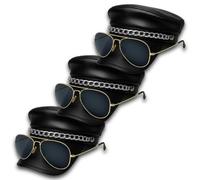 ANZEE® Biker Accessory Featuring Leather Chain Cap Gold & Silver Aviator Sunglasses Black Fingerless Gloves & Realistic Moustache (Pack of 3: Cap+Golden Glasses, Adaptable fit for everyone.)