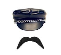 ANZEE® Biker Accessory Featuring Leather Chain Cap Gold & Silver Aviator Sunglasses Black Fingerless Gloves & Realistic Moustache (Pack of 1: Cap+Mustaches, Adaptable fit for everyone.)