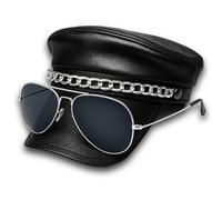 ANZEE Biker Costume with Leather Chain Detail Hat Gold & Silver Aviator Sunglasses Black Studded Fingerless Gloves & Realistic Mustache for Fancy Dress Parties & Riders (Pack of 1: Cap+Silver Glasses)