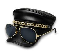 ANZEE Biker Costume with Leather Chain Detail Hat Gold & Silver Aviator Sunglasses Black Studded Fingerless Gloves & Realistic Mustache for Fancy Dress Parties & Riders (Pack of 1: Cap+Golden Glasses)