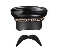 ANZEE Biker Costume with Leather Chain Detail Hat Gold & Silver Aviator Sunglasses Black Studded Fingerless Gloves & Realistic Mustache for Fancy Dress Parties & Riders (Pack of 1: Cap+Moustaches)