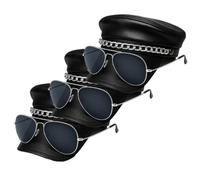 ANZEE Biker Costume with Leather Chain Detail Hat Gold & Silver Aviator Sunglasses Black Studded Fingerless Gloves & Realistic Mustache for Fancy Dress Parties & Riders (Pack of 3: Cap+Silver Glasses)