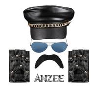 ANZEE Biker Costume with Leather Chain Detail Hat Gold & Silver Aviator Sunglasses Black Studded Fingerless Gloves & Realistic Mustache for Fancy Dress Parties & Riders (Full Set)