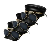 ANZEE Biker Costume with Leather Chain Detail Hat Gold & Silver Aviator Sunglasses Black Studded Fingerless Gloves & Realistic Mustache for Fancy Dress Parties & Riders (Pack of 3: Cap+Golden Glasses)