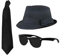 ANZEE Blues Brothers Hat Sunglasses Tie & Sideburns Costume Set 70s 80s Gangster Kit - Classic Fancy Dress Outfit for World Book Day (3Pcs Set Hat+Glasses+Tie)