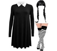 ANZEE® Classic School Girl Costume Plain & Printed Black Dress with Wig, Nail Polish & Face Paint for Spooky Halloween Parties (Plain Dress+wig+stripe Otk, 9-10 Years)