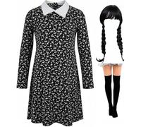 ANZEE® Classic School Girl Costume Plain & Printed Black Dress with Wig, Nail Polish & Face Paint for Spooky Halloween Parties (Print Dress+wig+plain Otk, 5-6 Years)