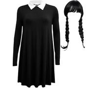 ANZEE® Classic School Girl Costume Plain & Printed Black Dress with Wig, Nail Polish & Face Paint for Spooky Halloween Parties (Kids: Plain Dress+wig, 7-8 Years)