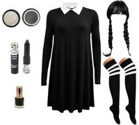 ANZEE® Classic School Girl Costume Plain & Printed Black Dress with Wig, Nail Polish & Face Paint for Spooky Halloween Parties (Plain Costume+referee Otk, 5-6 Years)