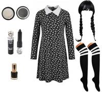 ANZEE® Classic School Girl Costume Plain & Printed Black Dress with Wig, Nail Polish & Face Paint for Spooky Halloween Parties (Print Costume+referee Otk, 11-12 Years)