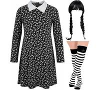 ANZEE® Classic School Girl Costume Plain & Printed Black Dress with Wig, Nail Polish & Face Paint for Spooky Halloween Parties (Print Dress+wig+stripe Otk, 7-8 Years)