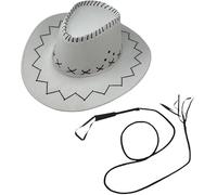 ANZEE Cowboy Hat & Whip Set for Adults Unisex Western Rodeo Costume Accessory Deluxe Suede Look Wild West Rancher Hat for Men & Women Texan Style Party & Cosplay Outfit (White Hat Set, One Size)