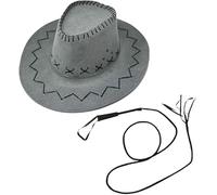ANZEE Cowboy Hat & Whip Set for Adults Unisex Western Rodeo Costume Accessory Deluxe Suede Look Wild West Rancher Hat for Men & Women Texan Style Party & Cosplay Outfit (Grey Hat Set, One Size)