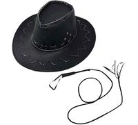 ANZEE Cowboy Hat & Whip Set for Adults Unisex Western Rodeo Costume Accessory Deluxe Suede Look Wild West Rancher Hat for Men & Women Texan Style Party & Cosplay Outfit (Black Hat Set, One Size)