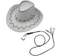 ANZEE Cowboy Hat & Whip Set Unisex Adult Western Rodeo Hat in Suede Look Deluxe Wild West Rancher Style for Men & Women Texan Country Party & Costume Hats (White Hat Set)