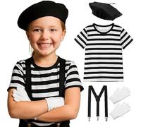 ANZEE French Mime Artist Costume Kit for Kids Ages 5-13 Beret, Striped Shirt, Gloves & Braces Book Week, Halloween, Fancy Dress Party (One Colour, 9-10 Years)