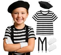 ANZEE® French Mime Artist Costume Set for Kids with Black Beret Hat Stripe T Shirt White Gloves and Adjustable Braces for Book Week Halloween and Fancy Dress Parties (One Colour, 5-6 Years)