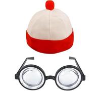ANZEE Hide & Giggle Costume Duo Book Week Find Me Style Santa Hat & Round Glasses Kit for Kids & Adults Xmas & Fancy Dress Fun (HAT+Nurd Glasses, One Size)