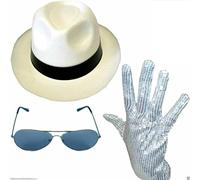 ANZEE Jackson Hat Sequin Glove Sunglasses & Bow Tie Set Pop Star & Gangster Cosplay Fancy Dress Party Costume Accessories (Off White 3 Pcs Set)