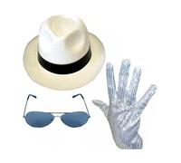 ANZEE Jackson Inspired Sequin Hat Gloves Sunglasses & Bow Tie Set - Pop Star & Gangster Cosplay Party Costume Accessories (3 Pcs Set Off White)