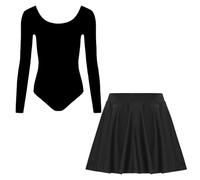 ANZEE Kid's Leotard Set Stylish Half/Full Sleeve with Shorts Hot Pants Leggings & Stirrup Dancewear & Activewear for Girls (UK, Age, 13 Years, Black Full Sleeve Leotard with Skirt)