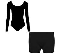 ANZEE Kid's Leotard Set Stylish Half/Full Sleeve with Shorts Hot Pants Leggings & Stirrup Dancewear & Activewear for Girls (UK, Age, 9 Years, 10 Years, Black Full Sleeve Leotard with Hot Pant)