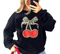 ANZEE Ladies Cherries Leopard Print Long Sleeve Pullover Baggy Sweatshirt - Womens Leopard Bow Cherry Print Round Neck Jumper Sweater Top (UK, Numeric, 16, 22, Black Bow Cherry)