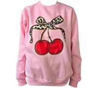 ANZEE Ladies Cherries Leopard Print Long Sleeve Pullover Baggy Sweatshirt - Womens Leopard Bow Cherry Print Round Neck Jumper Sweater Top (UK, Numeric, 16, 22, Pink Bow Cherry)