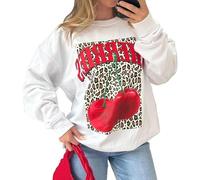 ANZEE Ladies Cherries Leopard Print Long Sleeve Pullover Baggy Sweatshirt - Womens Leopard Bow Cherry Print Round Neck Jumper Sweater Top (UK, Numeric, 16, 22, White Leopard Cherry)