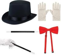 ANZEE Magician Dress Up Kit Classic Black Top Hat Red Bow Tie White Gloves & Magic Wand for Role Play Theater & Fancy Dress Fun (Black Hat Set)