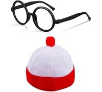 ANZEE Peek & Cheer Find Me Set Red Pom Pom Santa Hat and Round Black Glasses for Kids & Adults Book Week Holiday Fancy Dress & Cosplay Look (Hat+wizard Glasses Set, One Size)
