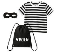 ANZEE® Unisex Thief Fancy Dress Costume Black and White Stripe T Shirt Mask and Bag Role Play Outfit for Kids World Book Day Halloween Party Size 5-13Years (Full Costume, M)