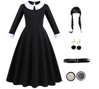 ANZEE® Wednesday Addams Inspired Full Costume Set Including Dress Wig Socks Belt Makeup Kit Earings & Full Accessories for Halloween (Costume-3: Dress + Basic Accessories, M)