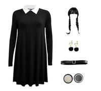 ANZEE® Wednesday Addams Inspired Full Costume Set Including Dress Wig Socks Belt Makeup Kit Earings & Full Accessories for Halloween (Costume-1: Dress + Basic Accessories, 11-12 Years)