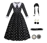 ANZEE® Wednesday Addams Inspired Full Costume Set Including Dress Wig Socks Belt Makeup Kit Earings & Full Accessories for Halloween (Costume-4: Dress + Basic Accessories, L)