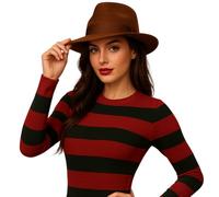 ANZEE® Women’s Creepy Striped Knit Jumper Red & Green Horror Inspired Sweater Top for Halloween, Parties & Casual Winter Wear (UK, Alpha, One Size, Hat)