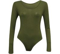 ANZEE Womens Leotard Ladies Round Neck Long Sleeve Plain Stretch Bodysuit For Girls Shapewear Thong Sculpting Body Shaper Jumpsuit Ballet Dance Gymnastics Long Sleeve Leotard (Khaki, One Size)