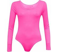 ANZEE Womens Leotard Ladies Round Neck Long Sleeve Plain Stretch Bodysuit For Girls Shapewear Thong Sculpting Body Shaper Jumpsuit Ballet Dance Gymnastics Long Sleeve Leotard (Neon Pink, One Size)