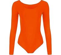 ANZEE Womens Leotard Ladies Round Neck Long Sleeve Plain Stretch Bodysuit For Girls Shapewear Thong Sculpting Body Shaper Jumpsuit Ballet Dance Gymnastics Long Sleeve Leotard (Neon Orange, One Size)