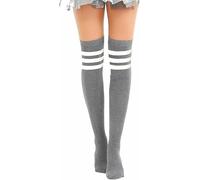 ANZEE Womens Over-the-Knee Striped Socks Stretchy Thigh-High Referee Style Plain Multiple Colors Trendy & Fun for Costumes Everyday Wear (UK, Alpha, One Size, Grey With 3 White Stripe)