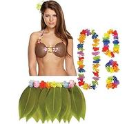 ANZEE Womens Tropical Hawaiian Hula Outfit Coconut Bra Leaf Skirt Lei Necklace Beach Dance Costume Set (UK, Alpha, One Size, Regular, Regular, Natural/Multi)