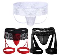 Anzhee Men's Jockstrap Sexy Lace Jock Strap Underwear Athletic Thong Supporter Sports Briefs for Men Thong G-String Tanga Underpants Male 3 Pack Red White Black