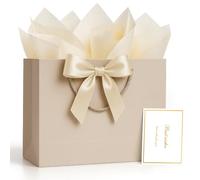 ANZNKU Gift Bag, 1 PCS Large Gift Bags with Handles with Ribbon and 2 Tissue Paper 1 Greeting Card, Luxury Champagne Beige Paper Gift Bag for Wedding, Birthday Gift Wrap, Baby Shower, Party Favors