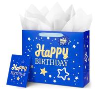 ANZNKU Happy Birthday Gift Bags with 2 Tissue Wrapping Paper 1 Greeting Card, 1 Pack Blue Gift Bag Medium with Handles for Men Women, Cute Paper Bag Reusable for Party Favor Decor & Birthday Presents