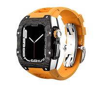 ANZOAT Luxury Carbon Fiber Alloy Case Strap Set For Apple Watch Series 8, 45mm Rubber Band DIY Bezel Modification Kit For iWatch 9 8 7 6 5 4 SE 44mm 45mm(Orange silver,44mm)