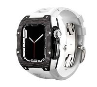 ANZOAT Luxury Carbon Fiber Alloy Case Strap Set For Apple Watch Series 8, 45mm Rubber Band DIY Bezel Modification Kit For iWatch 9 8 7 6 5 4 SE 44mm 45mm(White silver,44mm)
